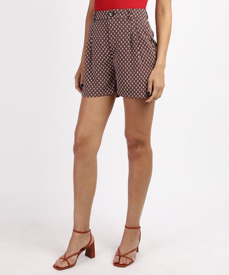 Short Feminino Cintura Alta Alfaiatado Estampado Geométrico com Bolsos Azul Marinho