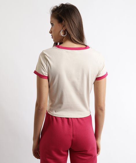 Blusa Feminina Básica com Amarração Manga Curta Decote Redondo Bege