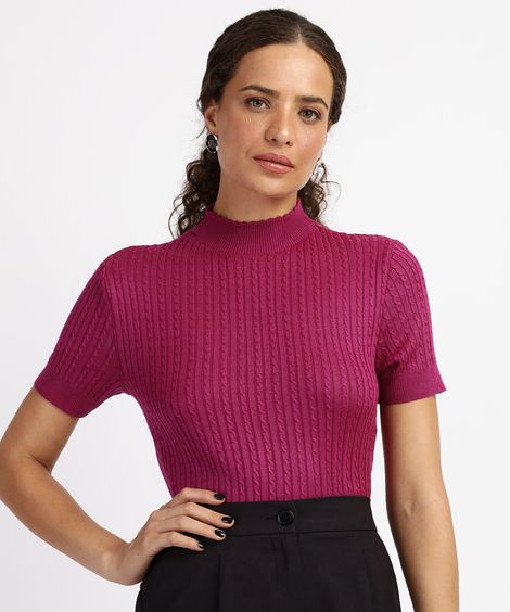 Blusa de Tricô Feminina Manga Curta Gola Alta Roxa
