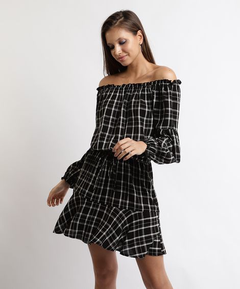 Vestido Feminino Curto Ombro a Ombro Estampado Xadrez Manga Longa Preto