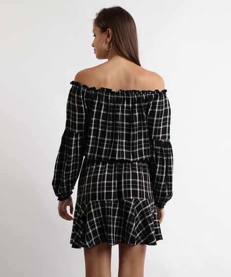 Vestido Feminino Curto Ombro a Ombro Estampado Xadrez Manga Longa Preto