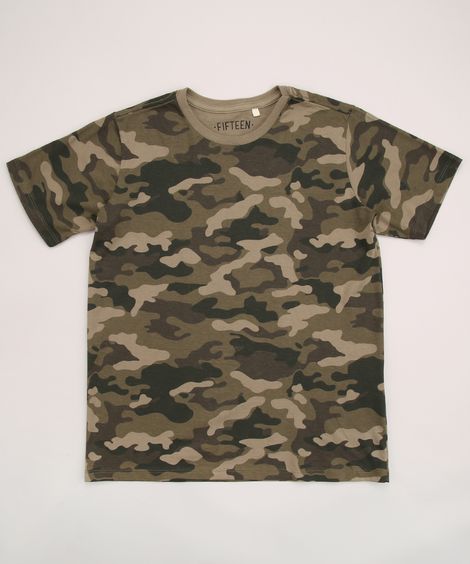 Camiseta Juvenil Estampado Camuflado Manga Curta Verde Militar