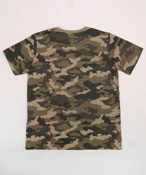 Camiseta Juvenil Estampado Camuflado Manga Curta Verde Militar