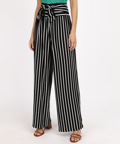 Calça Feminina Pantalona Cintura Alta Listrada com Amarração Preta