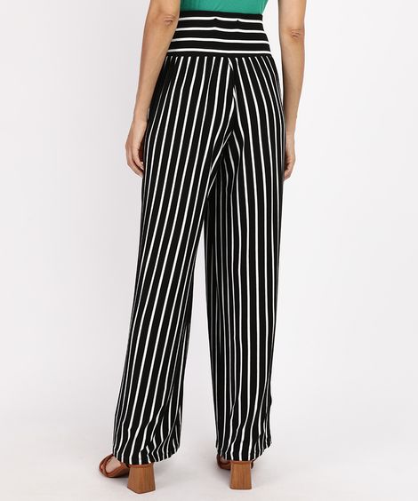Calça Feminina Pantalona Cintura Alta Listrada com Amarração Preta
