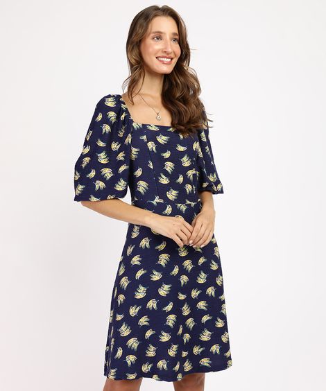 Vestido Feminino Curto Estampado de Banana Manga Bufante Azul Marinho
