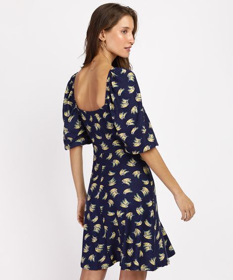 Vestido Feminino Curto Estampado de Banana Manga Bufante Azul Marinho