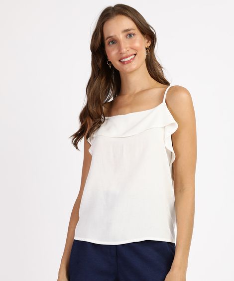 Regata Feminina com Babado Alça Fina Decote Redondo Off White