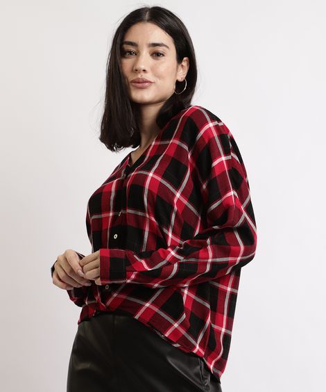 Camisa Feminina Oversized Estampada Xadrez com Nó Manga Longa Vermelha