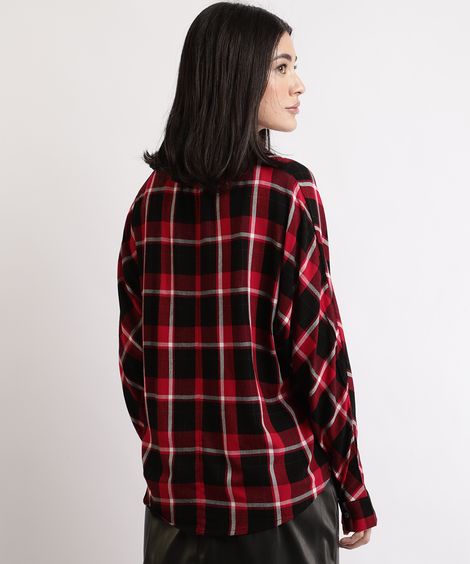 Camisa Feminina Oversized Estampada Xadrez com Nó Manga Longa Vermelha