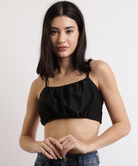 Top Cropped Feminino Acetinado com Franzidos Alça Fina Decote Reto Preto