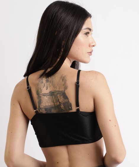 Top Cropped Feminino Acetinado com Franzidos Alça Fina Decote Reto Preto