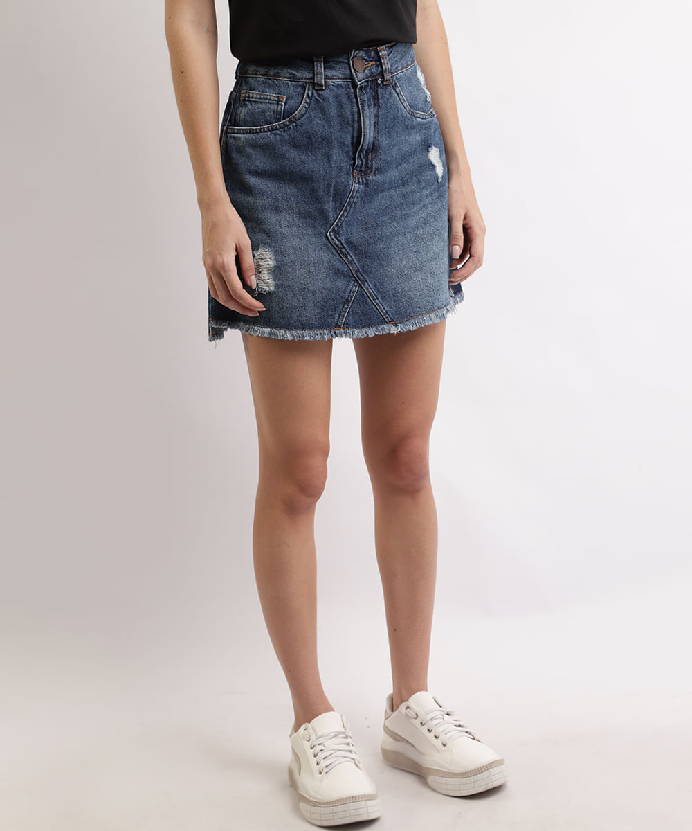 Saia Jeans Feminina Curta com Recorte e Rasgos Azul Médio Menor preço em Saia Jeans Feminina Curta com Recorte e Rasgos Azul Médio