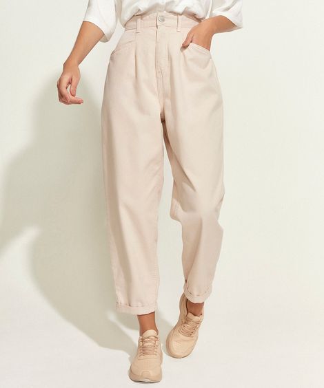 Calça de Sarja Feminina Baggy Cintura Super Alta Bege