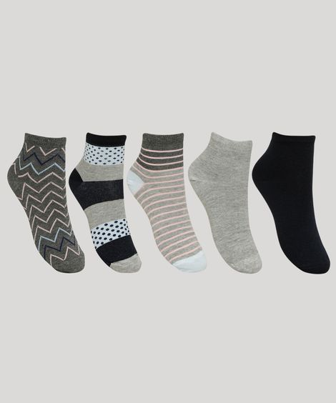 Kit de 5 Meias Feminino Estampado Listrado e Chevron Cano Médio Multicor