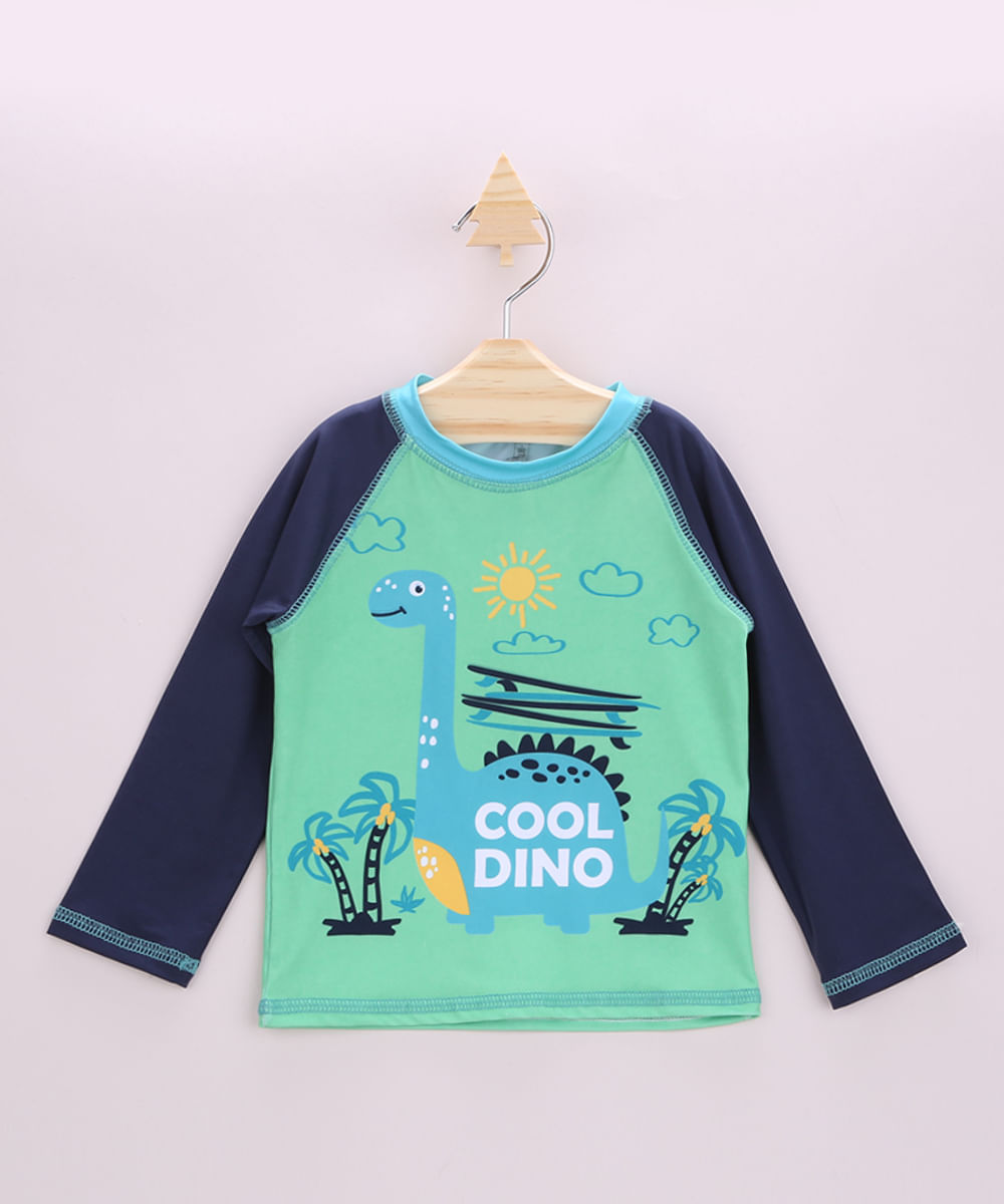 Camiseta de Praia Infantil Raglan Dinossauro Manga Longa com Proteção UV50+  Verde Claro