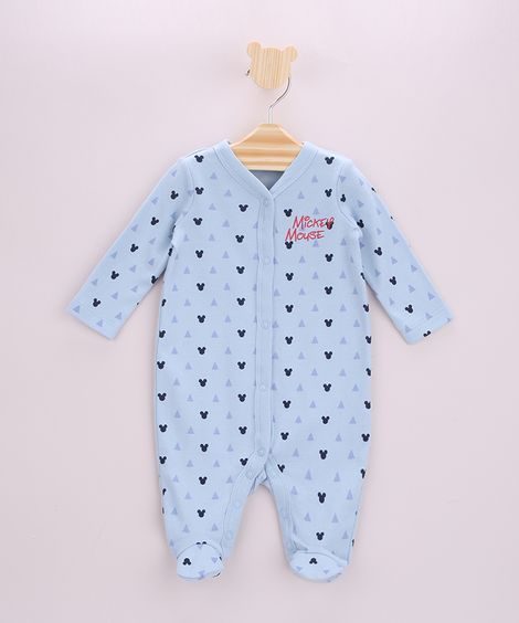 Macacão Infantil Mickey Estampado Manga Longa Gola V Azul Médio