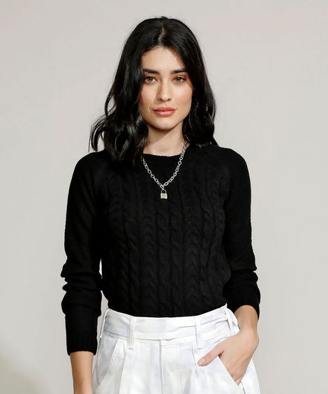 Suéter de Tricô Feminino com Textura Decote Redondo Preto