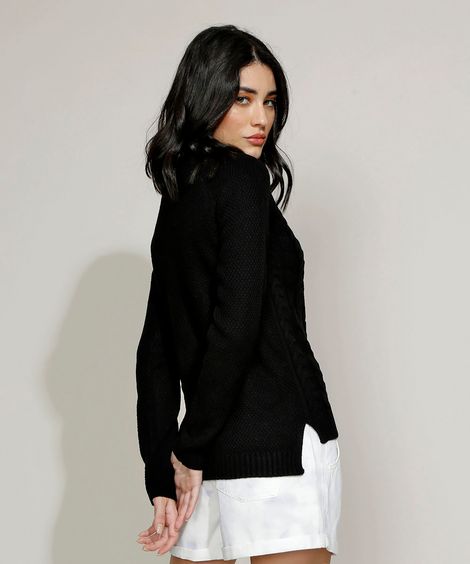 Suéter de Tricô Feminino com Textura Decote Redondo Preto
