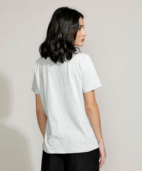 Blusa Feminina "Amour" Animal Print Onça Manga Curta Decote Redondo Cinza Mescla