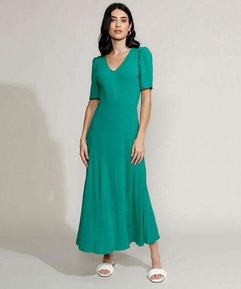 Vestido Feminino Midi Evasê Canelado Manga Bufante Verde