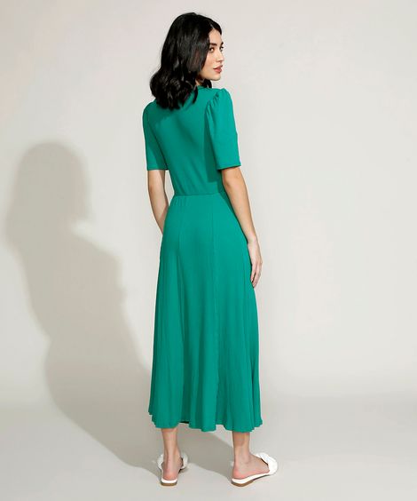 Vestido Feminino Midi Evasê Canelado Manga Bufante Verde