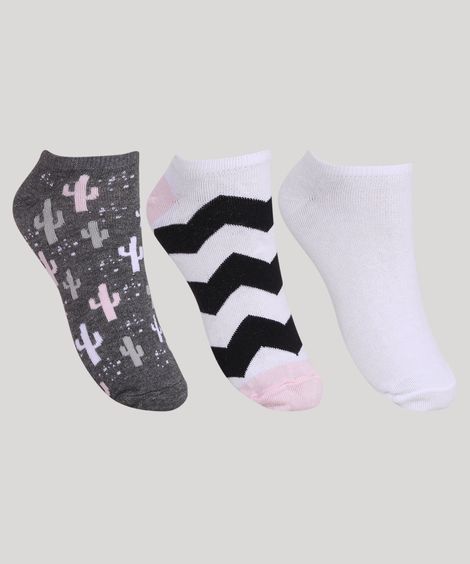 Kit de 3 Meias Feminino Chevron e Cactos Cano Baixo Multicor