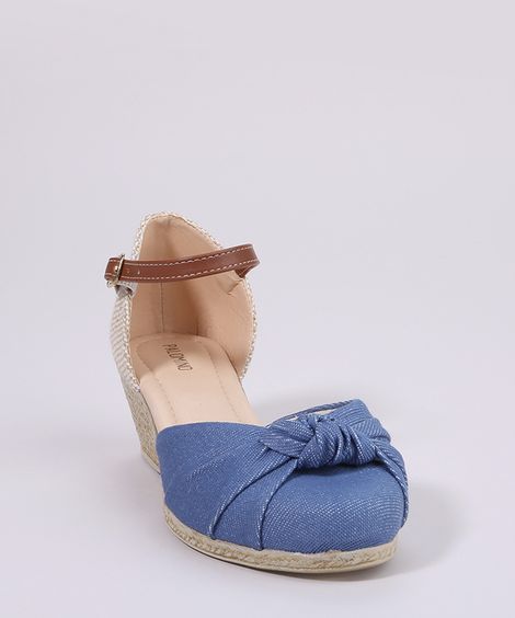 Sandália Infantil Anabela em Jeans com Laço e Corda Azul Médio