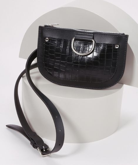 Pochete Feminina com Bolso Texturizado de Coco com Fivela Preto
