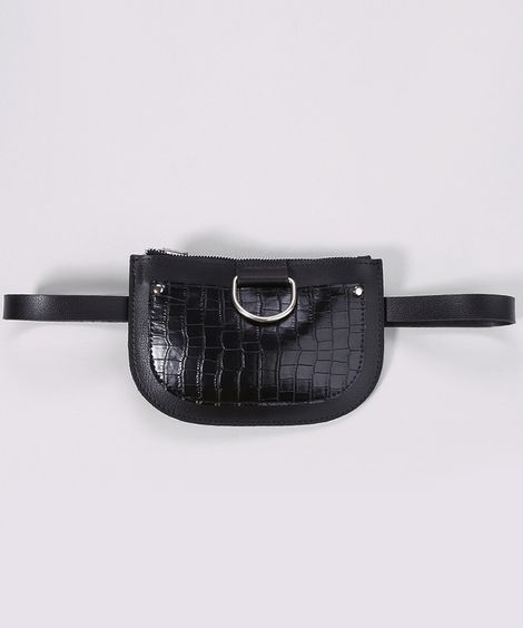 Pochete Feminina com Bolso Texturizado de Coco com Fivela Preto