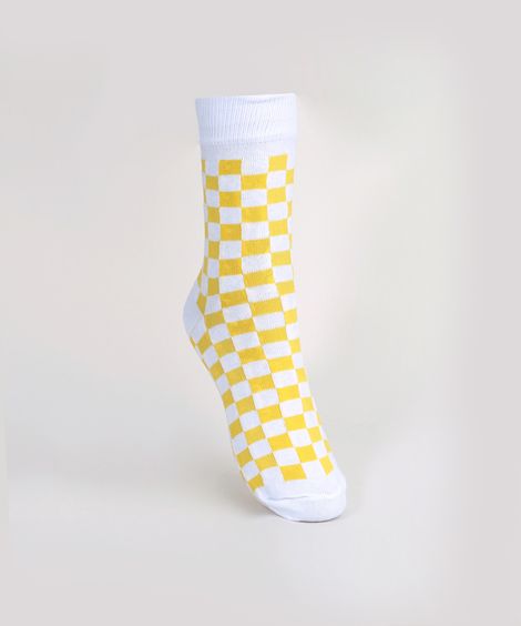 Meia Feminina Estampada Quadriculado Cano Alto Branco