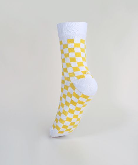 Meia Feminina Estampada Quadriculado Cano Alto Branco