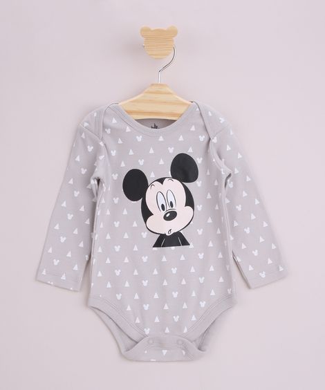 Body Infantil Mickey Estampado Geométrico Manga Longa Cinza Mescla
