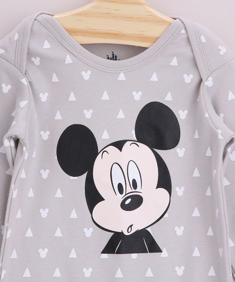 Body Infantil Mickey Estampado Geométrico Manga Longa Cinza Mescla