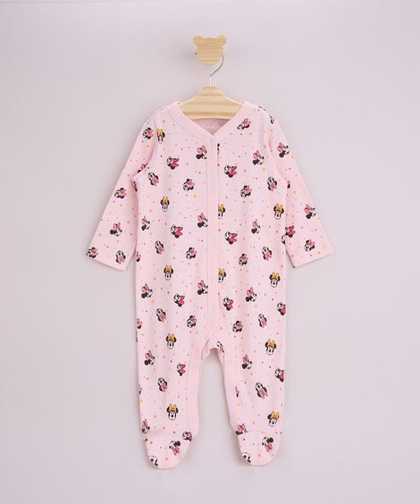 Macacão Infantil Minnie Estampado Manga Longa Decote V Rosa Claro