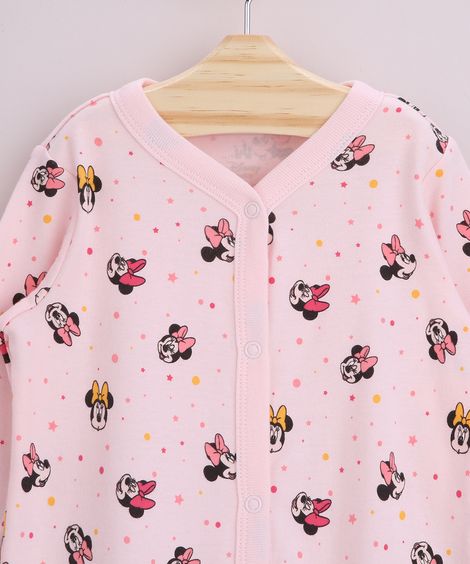 Macacão Infantil Minnie Estampado Manga Longa Decote V Rosa Claro