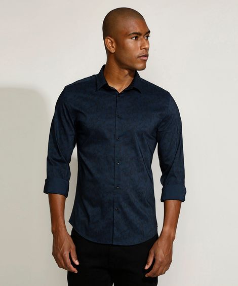 Camisa Masculina Slim Estampado Floral Manga Longa Azul Marinho