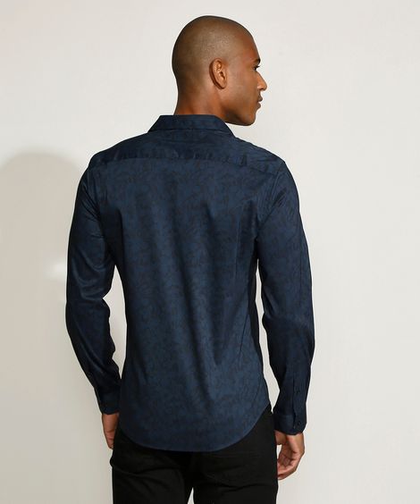 Camisa Masculina Slim Estampado Floral Manga Longa Azul Marinho