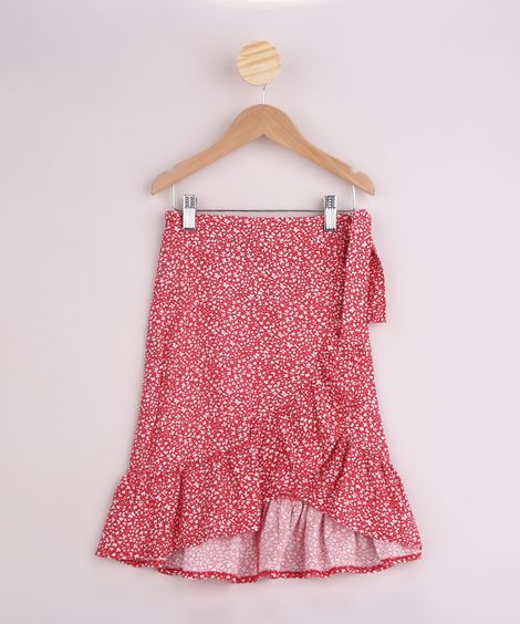 Saia Infantil Midi Estampada de Folhas com Laço e Babado Vermelha