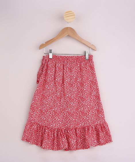 Saia Infantil Midi Estampada de Folhas com Laço e Babado Vermelha
