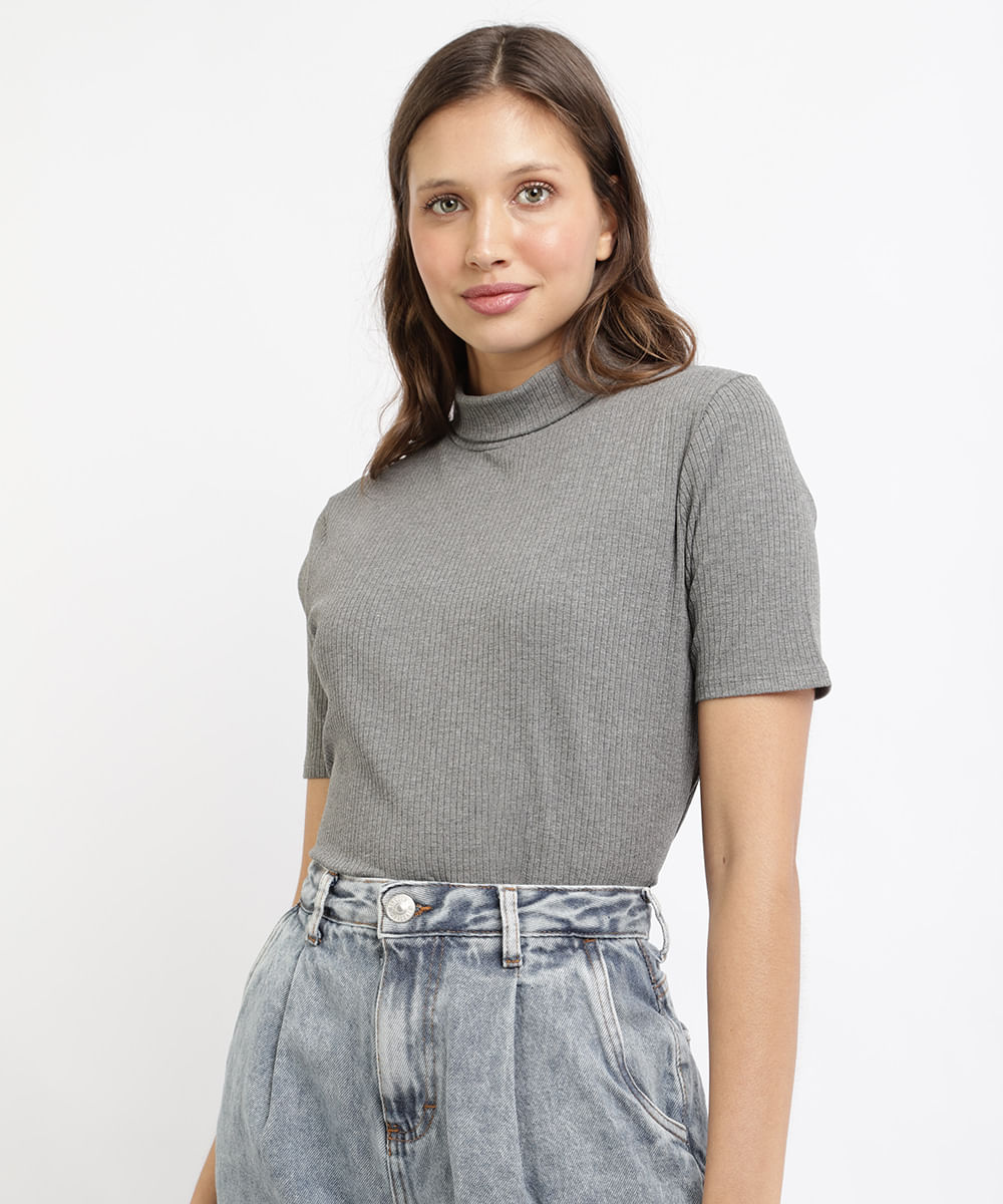 Blusa Feminina Mindset Canelada Manga Curta Gola Alta Cinza Mescla Escuro Menor preço em Blusa Feminina Mindset Canelada Manga Curta Gola Alta Cinza Mescla Escuro