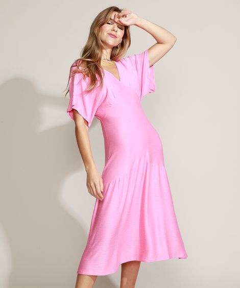 Vestido Feminino Midi Texturizado Manga Curta Rosa