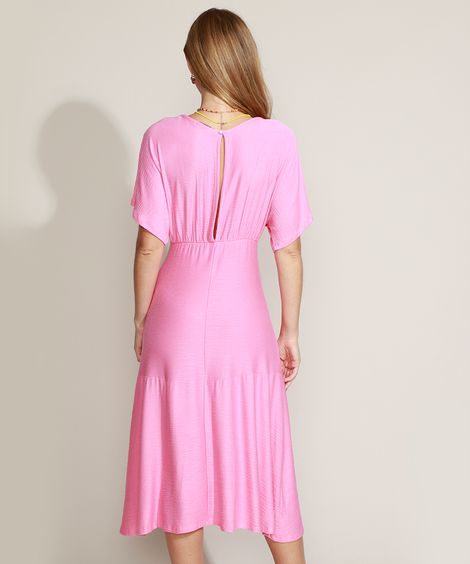 Vestido Feminino Midi Texturizado Manga Curta Rosa