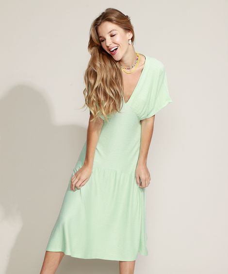 Vestido Feminino Midi Texturizado Manga Curta Verde Claro