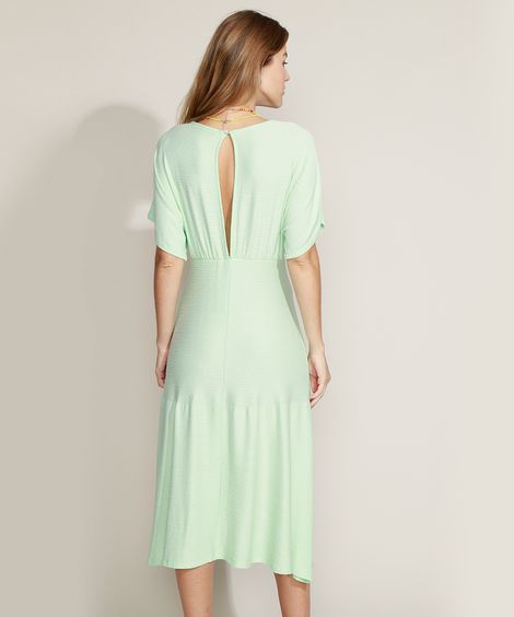 Vestido Feminino Midi Texturizado Manga Curta Verde Claro
