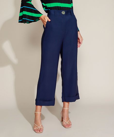 Calça Feminina Pantacourt Cintura Super Alta Alfaiatada Azul Marinho