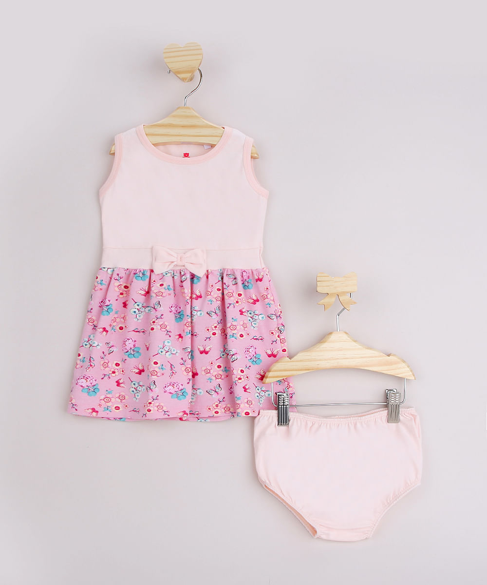 Vestido-Infantil-Estampado-Floral-com-Laco-Sem-Manga---Calcinha-Rosa-9958882-Rosa_1