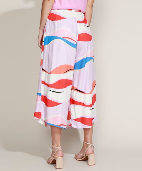 Calça Feminina Pantacourt Cintura Super Alta Transpassada Estampada Abstrata com Amarração Lilás