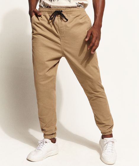 Calça de Sarja Masculina Jogger Slim com Bolsos Kaki