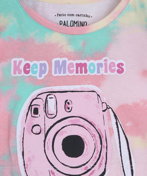 Blusa Infantil Cropped Estampada Tie Dye "Keep Memories" Manga Curta Multicor